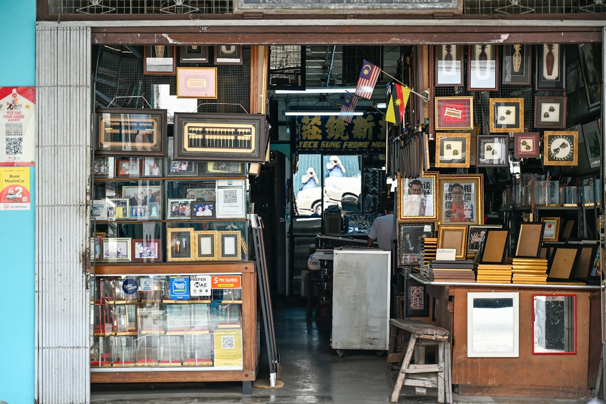 A small shop selling framed pictures and curiosities