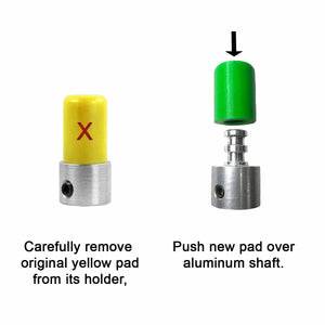 Instructions for replacing a worn yellow t350 pad with a new green pad.